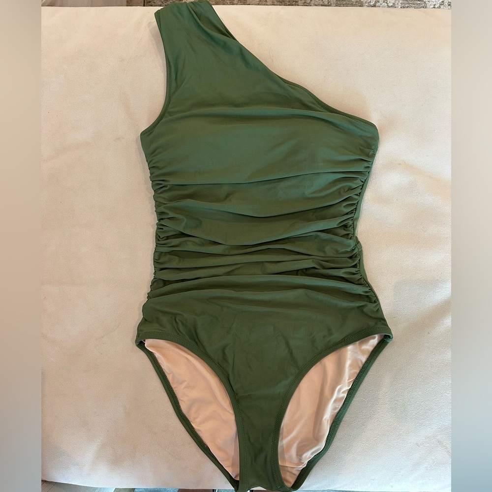 J. Crew Olive Green One-Shoulder Ruched One-Piece Swimsuit